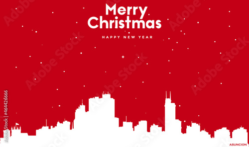 Christmas and new year red greeting card with white cityscape of Asuncion