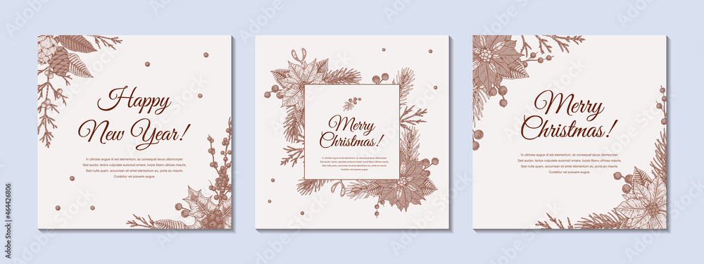 Set of hand drawn Merry Christmas and Happy New Year greeting cards. Vintage vector illustration