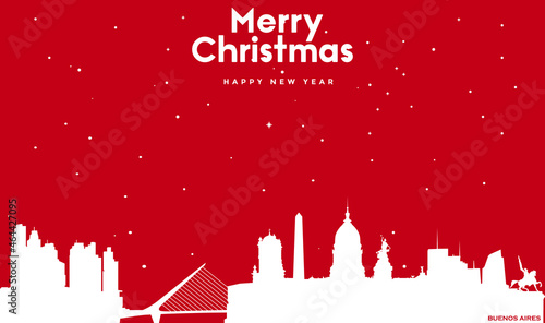 Christmas and new year red greeting card with white cityscape of Buenos Aires
