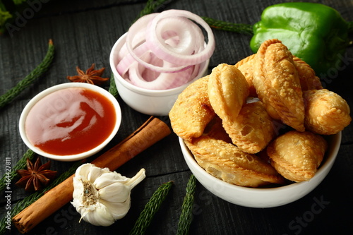 Delicious homemade vegetable curry puff. Asian street foods.