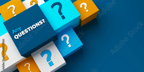 3D render of wide perspective view of ANY QUESTIONS? concept with questions marks on colorful cubes on dark blue background photo