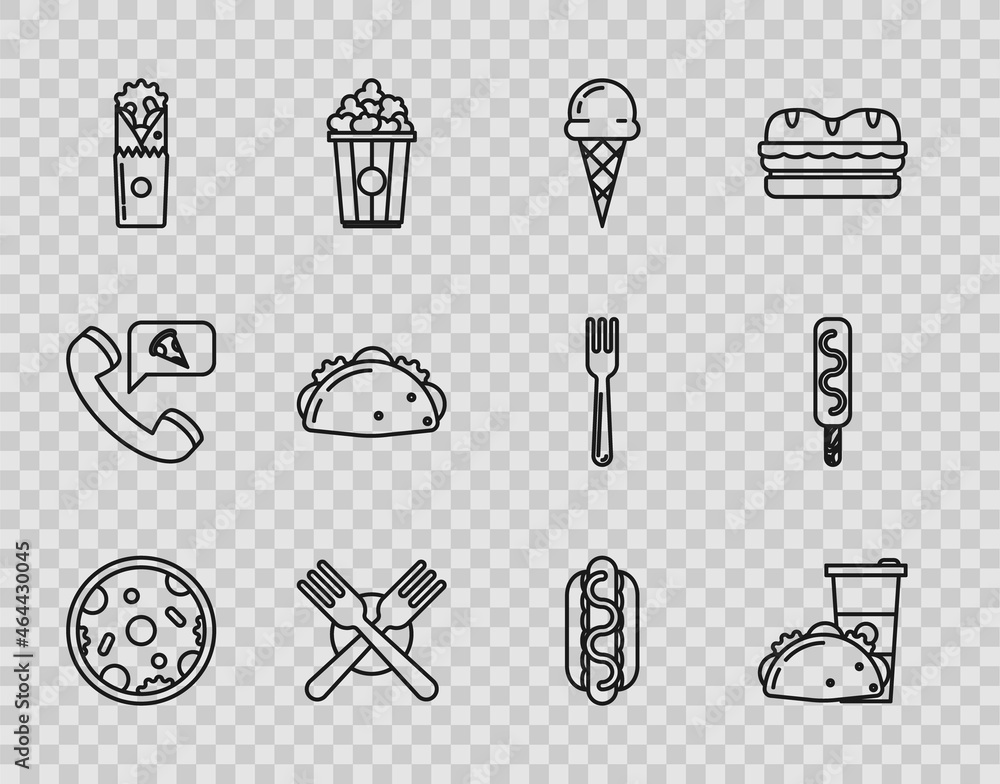Set line Pizza, Paper glass and taco with tortilla, Ice cream in waffle cone, Crossed fork, Doner kebab, Taco, Hotdog sandwich mustard and icon. Vector