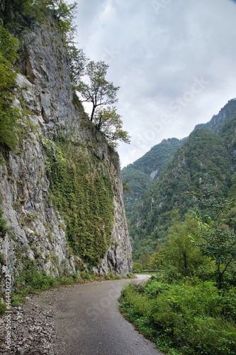 The mountain road goes into a gorge between a sheer cliff and a cliff.