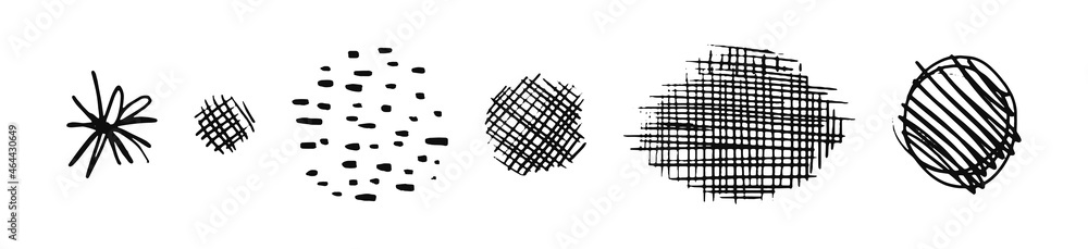 Fototapeta premium Drawn hatching circles and ovals. A set of hand drawn hatched strikethrough doodles. Diagonal, vertical, or dash points in the form of an ellipse or circle. Vector stock illustration isolated on white
