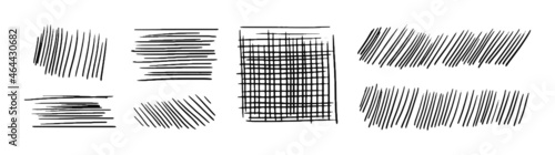 Drawn hatching lines and a square. Diagonal, vertical, or parallel strokes. A set of hand drawn hatched strikethrough doodles. Vector stock illustration isolated on white.