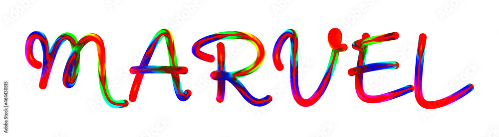 Marvel - text written with colorful custom font on white background. Colorful Alphabet Design 3D Typography