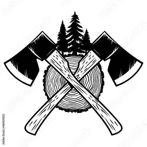 Crossed lumberjack axes with wood cut. Design element for logo, emblem, sign, poster, t shirt. Vector illustration