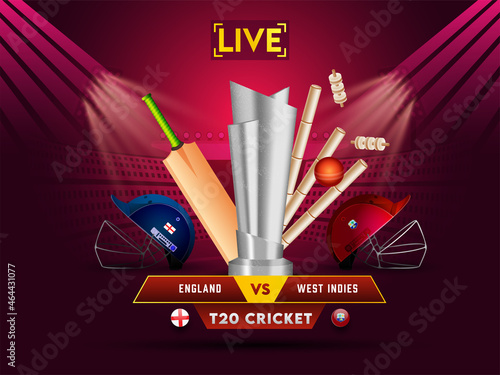 Live T20 Cricket Match Between England VS West Indies With 3D Tournament Equipment And Silver Trophy Cup On Burgundy Stadium Background.