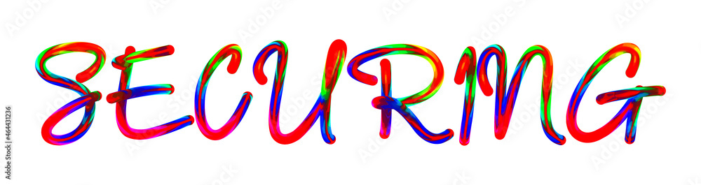 Securing - text written with colorful custom font on white background. Colorful Alphabet Design 3D Typography Securing - text written with colorful custom font on white background. Colorful Alphabet Design 3D Typography