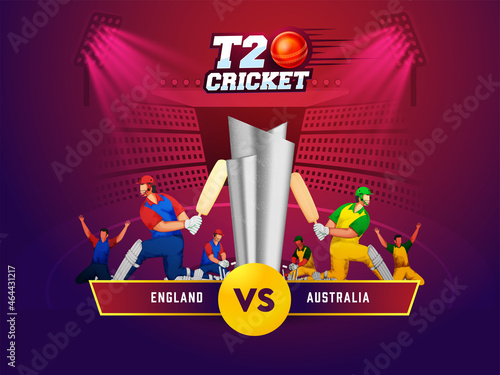 T20 Cricket Match Between England VS Australia With 3D Silver Trophy Cup On Gradient Red And Purple Stadium Background.