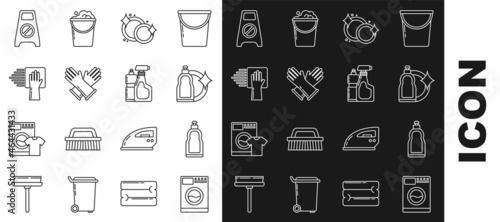 Set line Washer, Plastic bottles for liquid dishwashing liquid, Washing dishes, Rubber gloves, Cleaning service, Wet floor and cleaning progress and icon. Vector