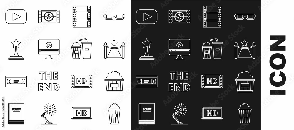 Set line Popcorn in cardboard box, Carpet with barriers and star, Play Video, Online play video, Movie trophy, and soda drink glass icon. Vector Set line Popcorn in cardboard box, Carpet with barriers and star, Play Video, Online play video, Movie trophy, and soda drink glass icon. Vector