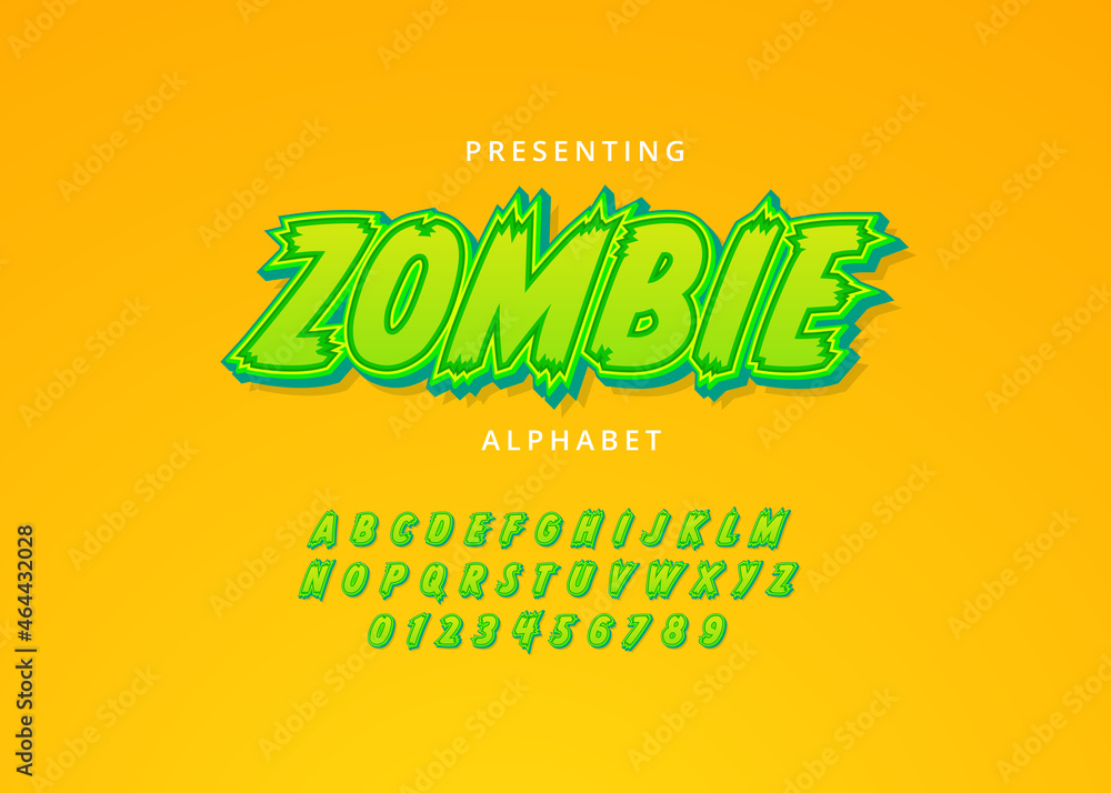 Playful zombie cartoon style custom font design, set of letters and numbers Playful zombie cartoon style custom font design, set of letters and numbers