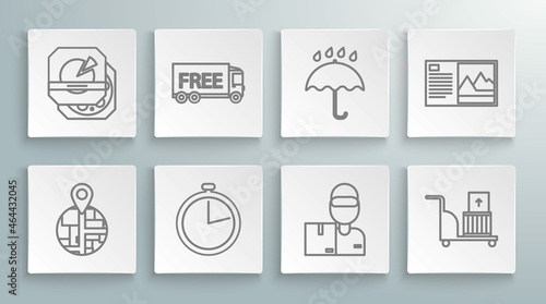 Set line   Free delivery service  Stopwatch  Delivery man with cardboard boxes  Electric hand truck and  Umbrella rain drops  Postcard and Pizza icon. Vector