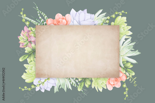 Hand drawn succulent recrangle frame template vector