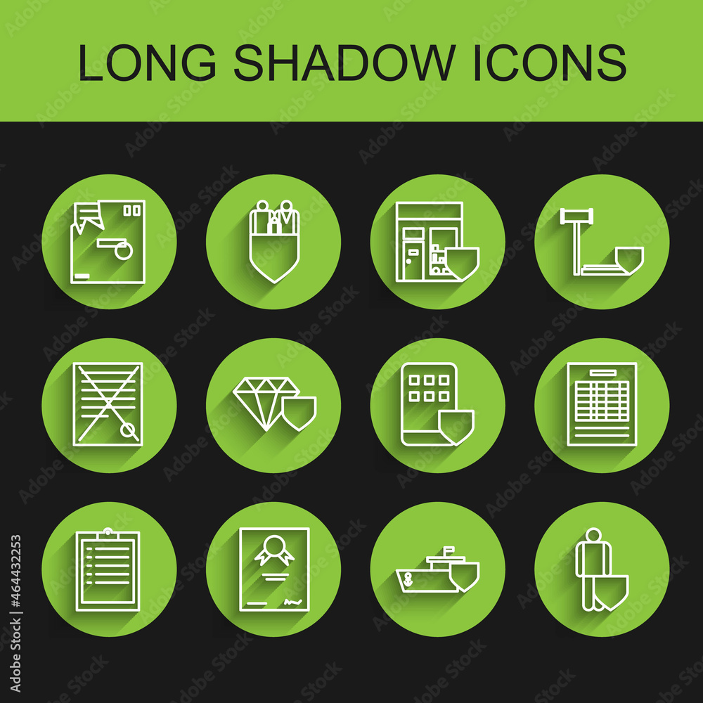 Set line Clipboard with checklist, Certificate template, Ordered envelope, Ship shield, Life insurance, Diamond, Report file document and Smartphone icon. Vector Set line Clipboard with checklist, Certificate template, Ordered envelope, Ship shield, Life insurance, Diamond, Report file document and Smartphone icon. Vector