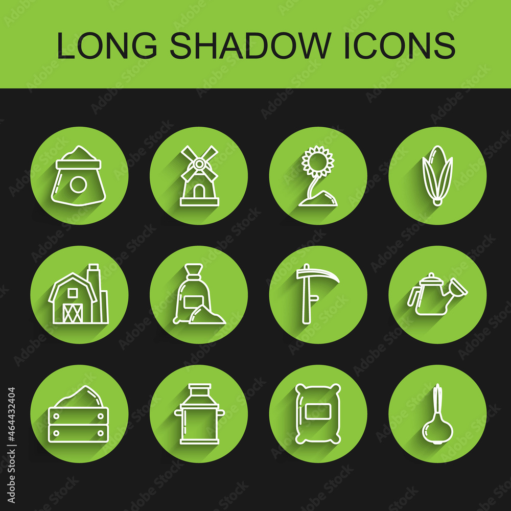 Set line Wooden box with harvest, Can container for milk, Bag of flour, Onion, Watering can and Scythe icon. Vector