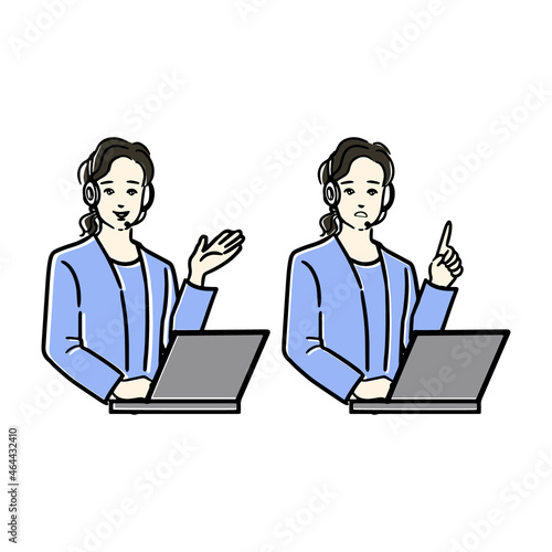 若い日本人のインカムマイクをつけたオペレーターがPCに向かい座っているシンプルな線画