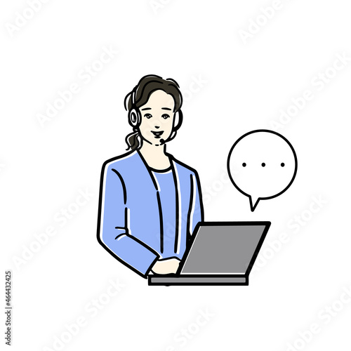 若い日本人のインカムマイクをつけたオペレーターがPCに向かい座って笑顔で何か喋っているシンプルな線画