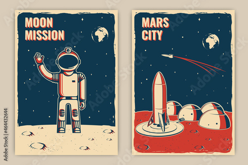 Mars city and space mission posters, banners, flyers. Vector. Concept for shirt, print, stamp, overlay or template. Vintage typography design with space rocket and mars city silhouette.