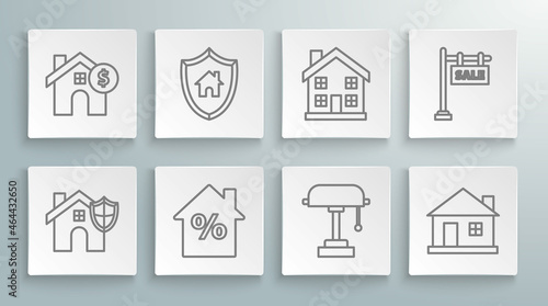 Set line House with shield, percant discount tag, Table lamp, Home symbol, Hanging sign text Sale and dollar icon. Vector