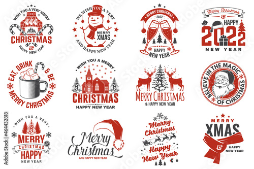 Set of Merry Christmas and 2022 Happy New Year stamp, sticker Set quotes with snowflakes, snowman, santa claus, candy, sweet candy, cookies. Vector Vintage typography design for xmas, new year emblem.