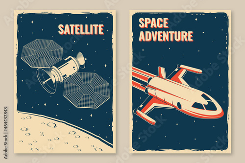 Fototapeta Naklejka Na Ścianę i Meble -  Space posters, banners, flyers. Vector Concept for shirt, print, stamp, overlay or template. Vintage typography design with satellite dishes, space rocket and mountain silhouette.