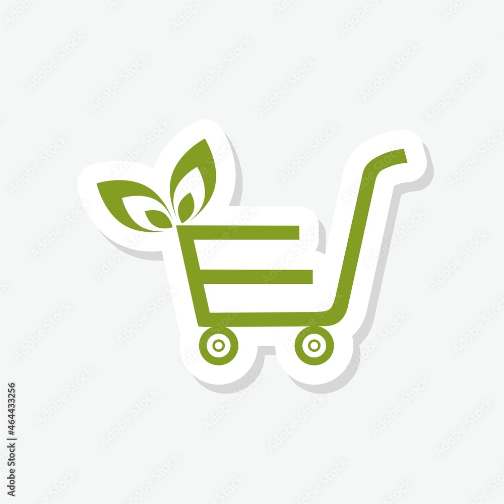 Shopping cart with leaves sticker isolated on white background