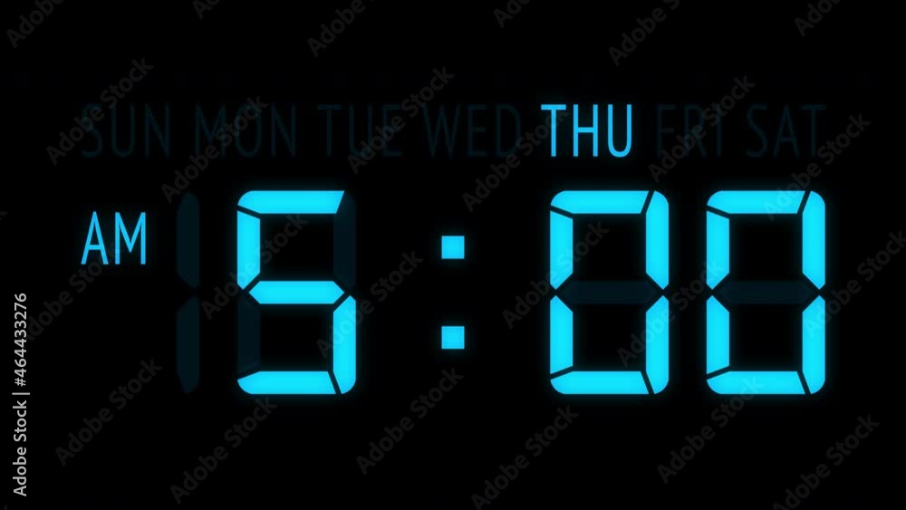 Loopable: Blue LED digital clock displays the current time at Thursday in 12-hours AM/PM format updating 1 minute per frame. Animated digits on black background. Loopable: Blue LED digital clock displays the current time at Thursday in 12-hours AM/PM format updating 1 minute per frame. Animated digits on black background.