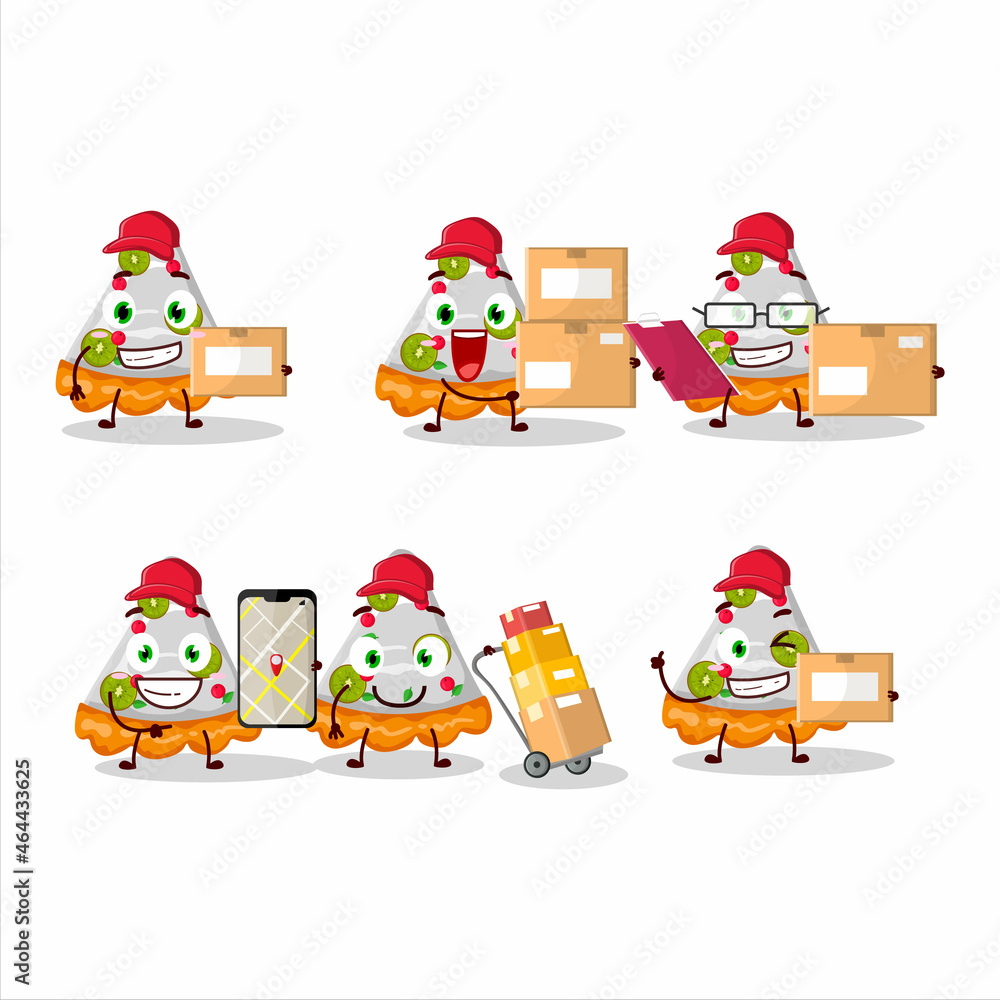 Fototapeta premium Cartoon character design of slice of fruit tart working as a courier