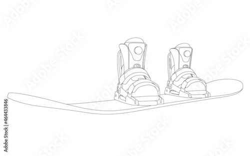 Contour of a snowboard with boots for a snowboarder from black lines isolated on a white background. Vector illustration