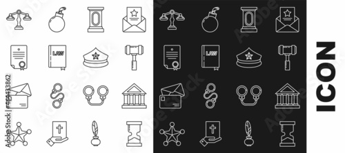 Set line Old hourglass, Courthouse building, Judge gavel, Stage stand or debate podium rostrum, Law book, Certificate template, Scales of justice and Police cap with cockade icon. Vector