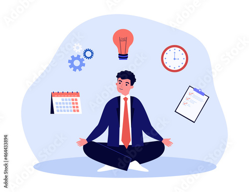 Meditation of multitasking businessman practicing yoga. Man sitting in lotus pose flat vector illustration. Business management, concentration concept for banner, website design or landing web page