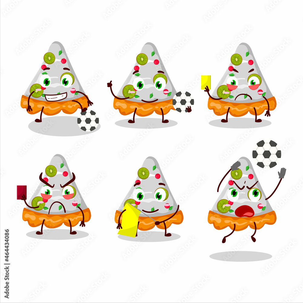 Fototapeta premium Slice of fruit tart cartoon character working as a Football referee