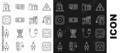 Set line Electrical outlet in the USA, Battery, light switch, car charging station and Diesel power generator icon. Vector