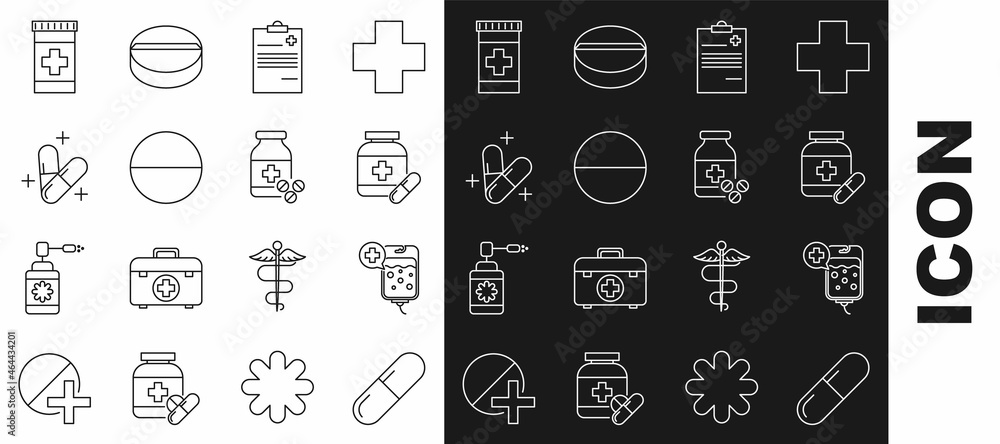Set line Medicine pill or tablet, IV bag, bottle and pills, Medical clipboard with clinical record, and icon. Vector Set line Medicine pill or tablet, IV bag, bottle and pills, Medical clipboard with clinical record, and icon. Vector