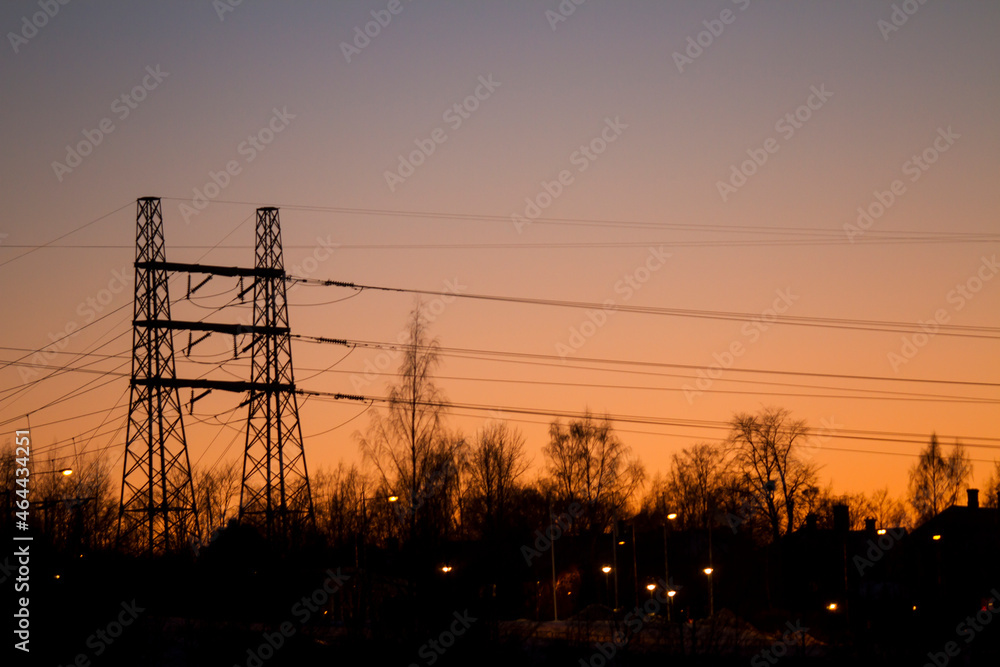 Silhouette of powerline in the sunset