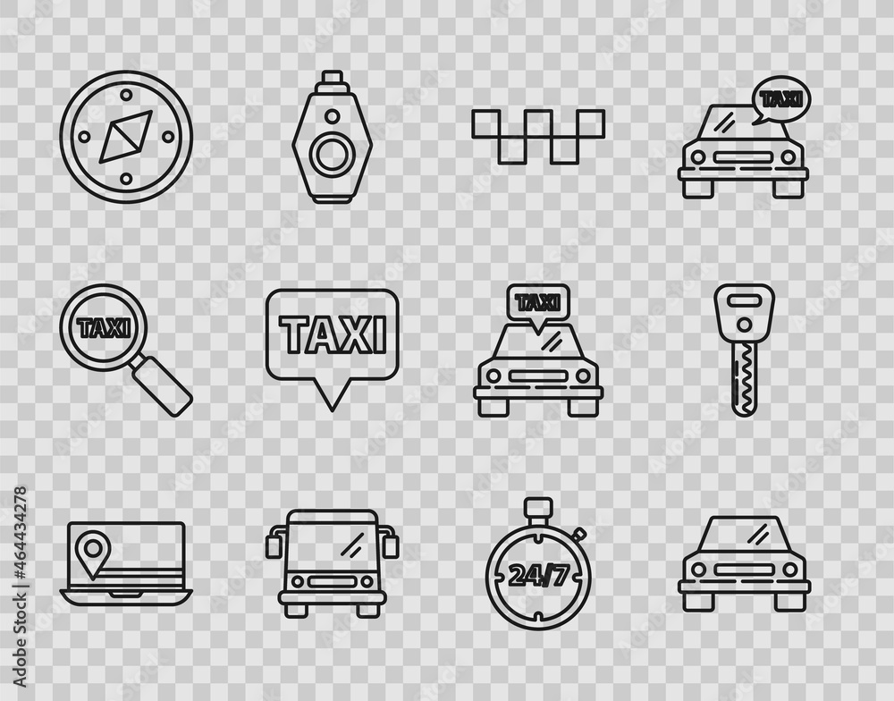 Set line Laptop with location marker, Car, Taxi car roof, Bus, Compass, Map pointer taxi, Stopwatch 24 hours and key icon. Vector Set line Laptop with location marker, Car, Taxi car roof, Bus, Compass, Map pointer taxi, Stopwatch 24 hours and key icon. Vector