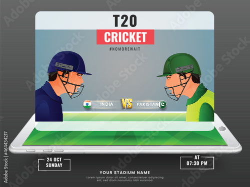 T20 Cricket Match Between India VS Pakistan On 3D Smartphone Screen Illustration.