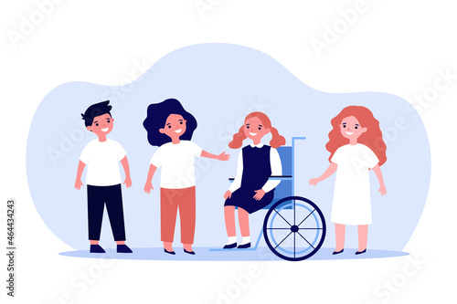 Happy girl with disability with group of friends. Child sitting in wheelchair flat vector illustration. Support for people with disability concept for banner, website design or landing web page