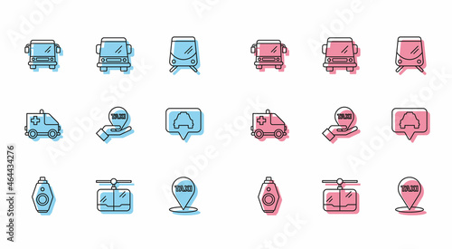 Set line Car key with remote, Cable car, Bus, Map pointer taxi, Hand on map, Ambulance emergency and icon. Vector