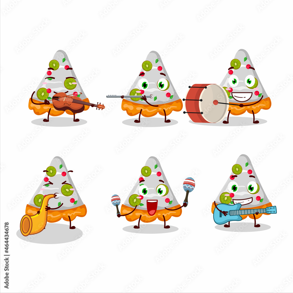 Cartoon character of slice of fruit tart playing some musical instruments Cartoon character of slice of fruit tart playing some musical instruments