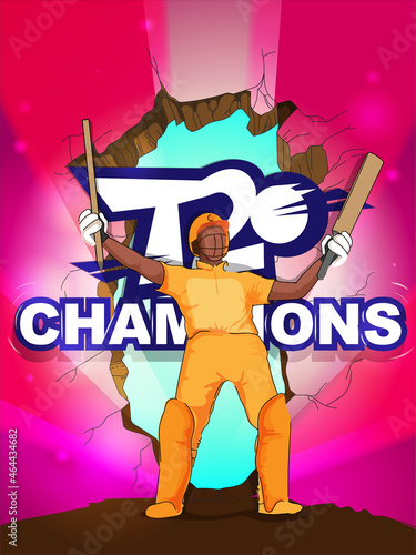 Sticker Style T20 Champions Font With Faceless Cricket Batter In Winning Pose On Abstract Background.