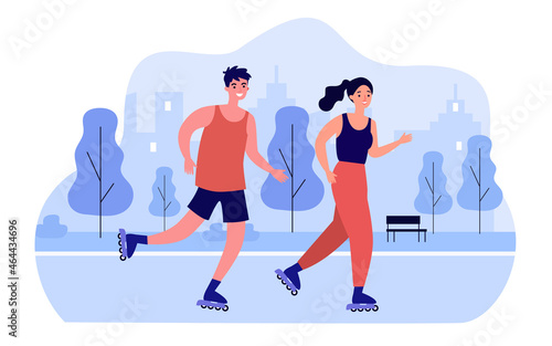Teenagers skaters roller skating in park together. Girl and boy rollerblading flat vector illustration. Extreme city sport, healthy lifestyle concept for banner, website design or landing web page