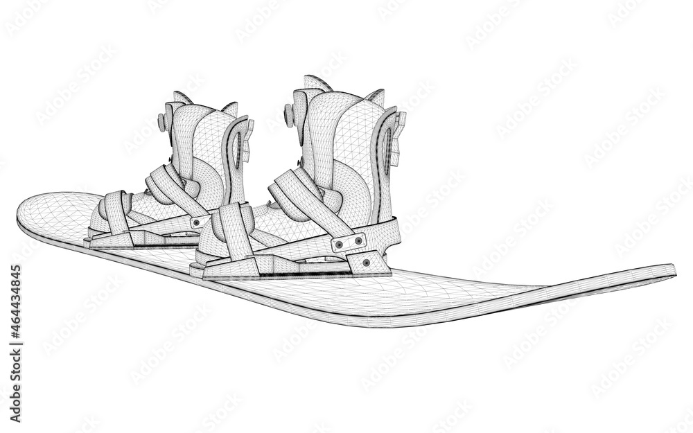 Snowboard wireframe with boots for the snowboarder from black lines isolated on white background. 3D. Vector illustration
