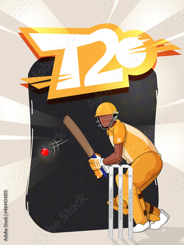 Sticker Style T20 Font With Faceless Cricket Batter Hits Ball On Black And Gray Rays Background And Copy Space.