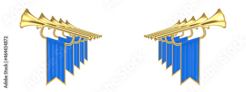Golden Fanfare Trumpets with Blue Flags. 3d Rendering