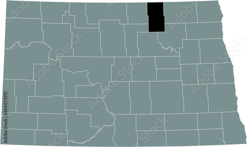 Black highlighted location map of the Towner County inside gray administrative map of the Federal State of North Dakota, USA