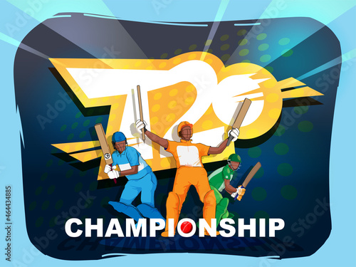 T20 Championship Concept With Faceless Cricket Batter Players On Abstract Blue Background.
