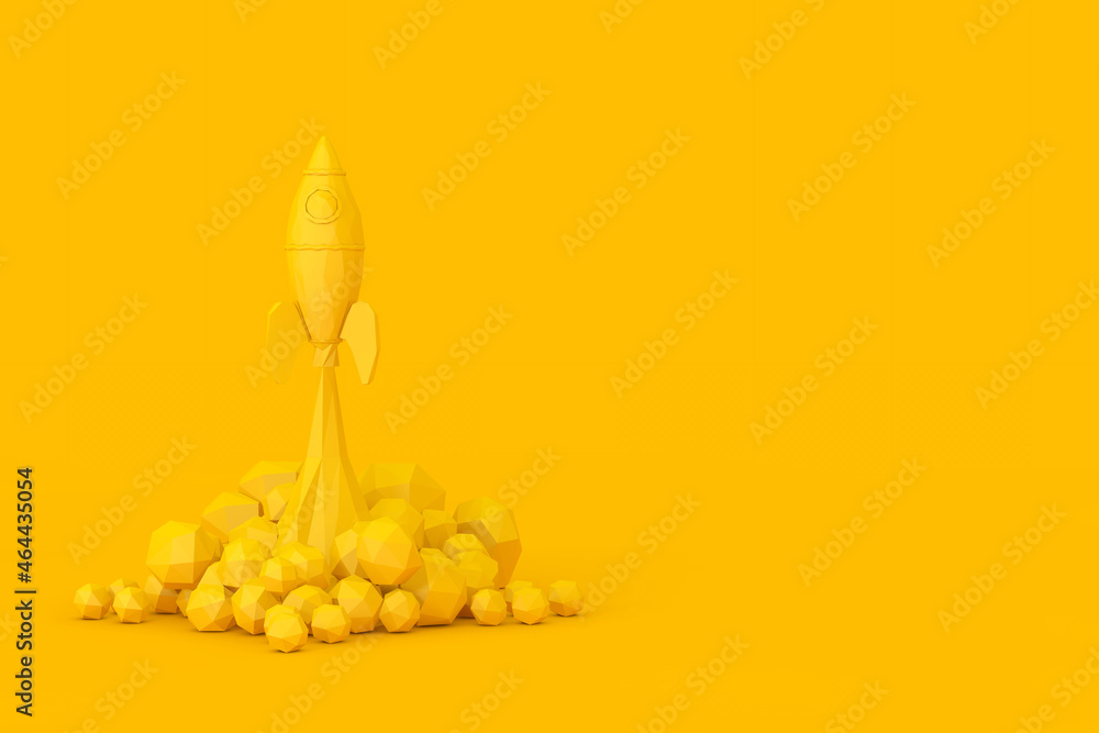 Startup Concept. Yellow Toy Rocket Takes Off Spewing Smoke in Low Poly Style. 3d Rendering Startup Concept. Yellow Toy Rocket Takes Off Spewing Smoke in Low Poly Style. 3d Rendering
